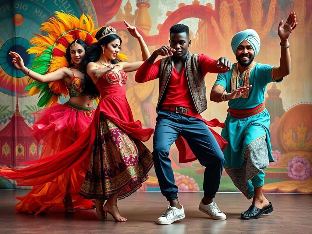 Global dance styles showing samba, flamenco, Azonto, and bhangra