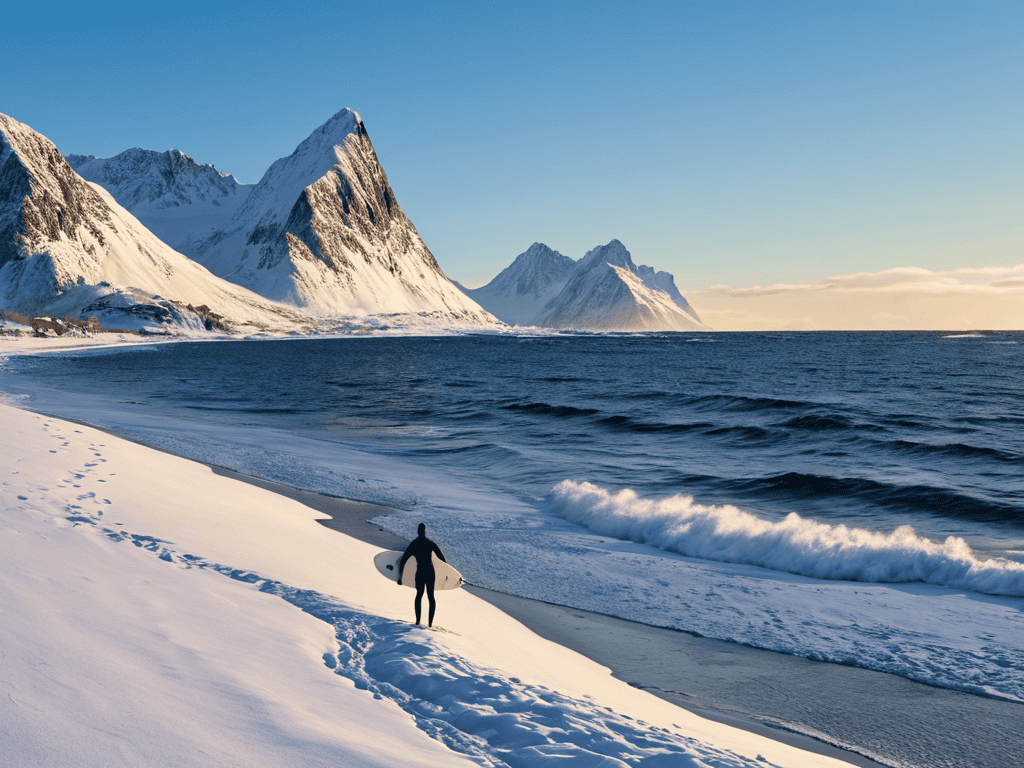 Lofoten Islands Winter surfing scene