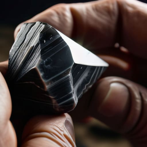 Flintknapping conchoidal fracture on ancient stone edges.